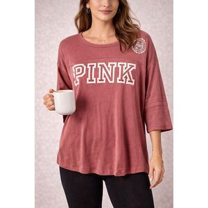 PINK Victoria’s Secret Oversized Logo Tee Large Pink 3/4 Sleeve Varsity Graphic